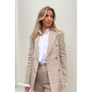 Maje Plaid Cream Blazer Linen Jacket